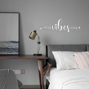 Modern silver 3D acrylic mirror wall sticker with Good Vibes Only text for bedroom
