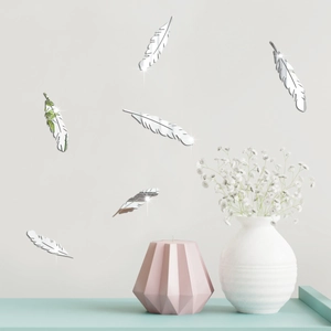 Detailed set of 6 mirror feather wall decals made of high-quality acrylic for home decor