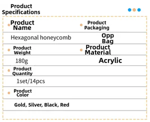 Specifications table for DIY hexagonal acrylic mirror wall stickers with 14 pieces per set