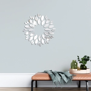 Modern sunflower mirror wall stickers arranged in a radial leaf pattern on a blue wall
