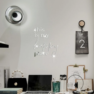 Adesivo murale 3D a specchio in acrilico argento con scritta 'this is my happy place'