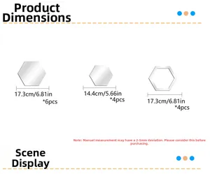 Detailed size chart for hexagonal DIY acrylic mirror wall stickers with dimensions