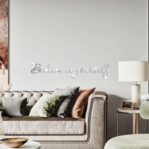 Modern silver acrylic mirror wall decal featuring a stylish Believe in Yourself quote