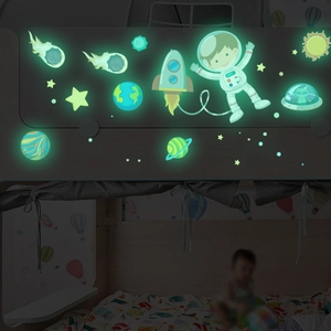 Luminous space wall stickers featuring astronauts, rockets and planets in kids bedroom decor