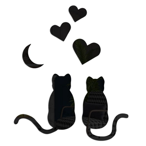 Modern black acrylic mirror wall stickers with minimalist cat, heart, and moon silhouettes