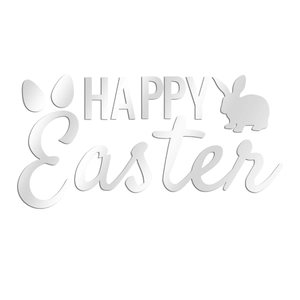 Detaillierter 3D Happy Easter Acryl Wandsticker mit weißem Hasen und Eiern Silhouette