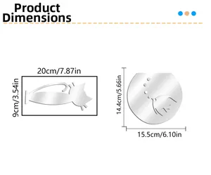 Detailed size chart showing cat and fishbowl acrylic mirror wall stickers with dimensions
