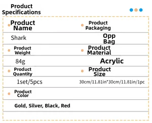 Specifications for acrylic shark mirror wall stickers including size, weight, and set of 5 pieces