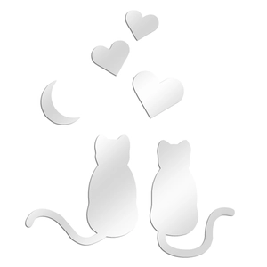 Modern mirror acrylic wall sticker set featuring loving cats, hearts, and a crescent moon