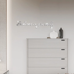 Silver mirror acrylic wall decal with 'Believe in yourself' motivational quote