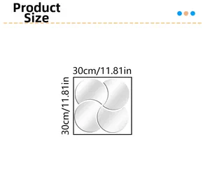 Detailed size chart showing a 30cm by 30cm semi-circle geometric mirror wall sticker