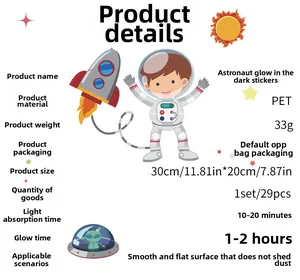 Detailed specifications for astronaut glow stickers showing PET material and 29pcs set