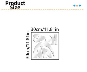 Detailed size chart for 30cm square shark mirror wall sticker with dimensions in inches