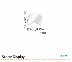 Detailed size chart for 4-piece semicircular mirror wall stickers measuring 15.8x13.5cm