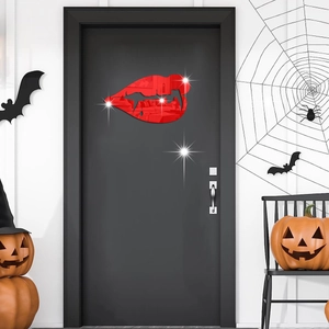 Macro detail of glossy red vampire lips acrylic wall sticker in a Halloween setting