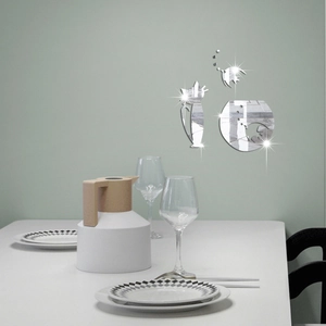 Cat and fish bowl acrylic mirror wall stickers on a light green dining room background