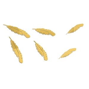 Detail of six gold feather acrylic mirror wall stickers with reflective surface