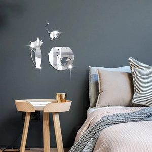 Detail view of cat silhouette mirror wall stickers with fish and fishbowl acrylic set