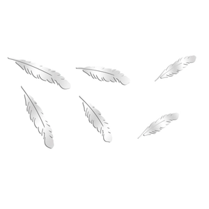 Detail view of six 3D feather mirror wall stickers with silver acrylic reflective surface