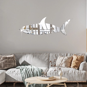 Modern shark mirror wall sticker with SHARK text design in a minimalist living room