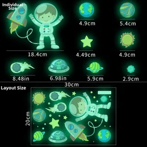 Luminous space wall stickers showing astronaut and planet icons with specific dimensions