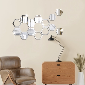 Detail of 12pcs silver hexagonal acrylic mirror wall stickers in a modern home interior
