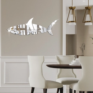 Modern shark mirror wall sticker with SHARK cutout design for dining room decor