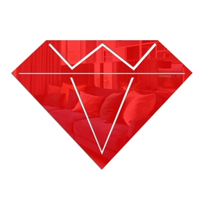 Detail of red diamond acrylic mirror wall sticker reflecting home interior and sofa
