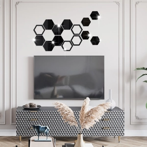 Creative DIY hexagonal acrylic wall mirror stickers in black for modern home background decor