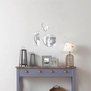 Modern silver acrylic cat and fishbowl mirror wall stickers for home decor
