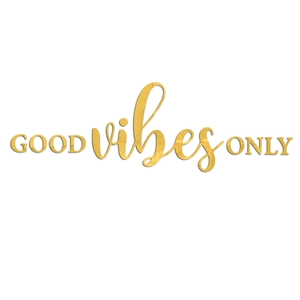 Detailed close-up of golden acrylic mirror wall art featuring GOOD vibes ONLY text decor