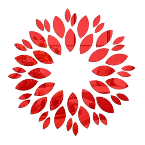Detail of red acrylic mirror wall decals showing glossy sunflower petal components