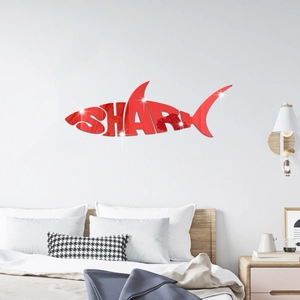 Modern red acrylic shark mirror wall sticker with SHARK text for bedroom decor