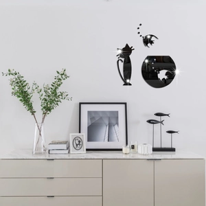 Black acrylic 3D cat and fish tank mirror wall stickers for modern bedroom decor
