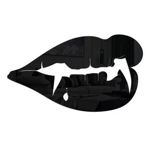 Detail of red sexy lips mirror wall sticker showing reflection of a modern living room