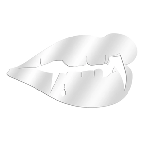 Detail view of mirror-finish acrylic red vampire lips wall sticker with sharp fangs design
