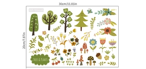 Detailed sheet of luminous cartoon forest stickers with trees and mushrooms measuring 30x20cm