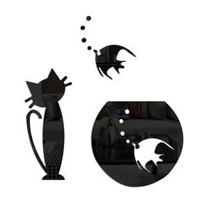 Modern black acrylic cat silhouette mirror wall stickers with birds and bubbles
