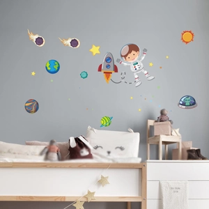 Glow-in-the-dark space astronaut wall stickers featuring planets and rockets for nursery