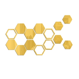 Detail of DIY hexagonal golden acrylic mirror wall stickers showing honeycombed layout