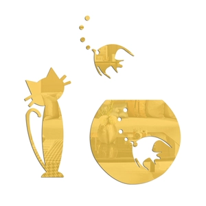 Detail of golden acrylic cat and fishbowl mirror wall stickers with reflective surface