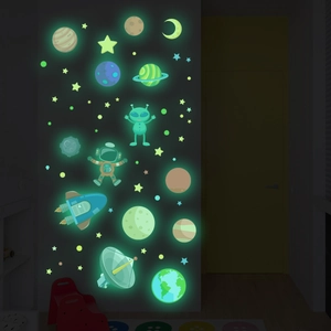 Glow in the dark space alien and astronaut wall stickers set for kids room night decor