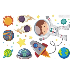 Glow in the dark space wall stickers featuring astronaut, rocket and planets for kids room