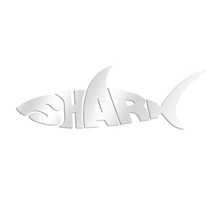 Close-up of 3D silver shark mirror wall sticker with artistic SHARK lettering design