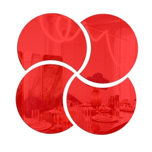 Detail view of red semi-circular mirror wall stickers with reflective glossy surface