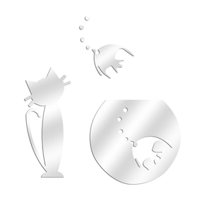 Detail of silver acrylic mirror wall stickers with cat, fishbowl, and fish silhouettes