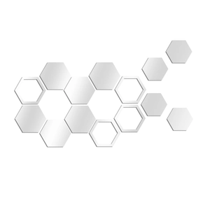 Detailed view of silver hexagonal acrylic mirror wall stickers with solid and hollow frames