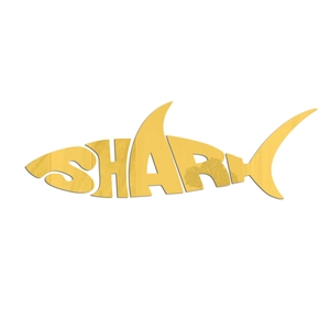 Detail view of a 3D acrylic mirror wall sticker in shark shape with a bright golden finish