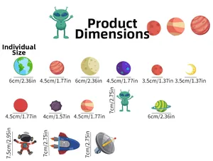 Size chart showing glow-in-the-dark space stickers with individual dimensions from 3.5cm to 7.5cm