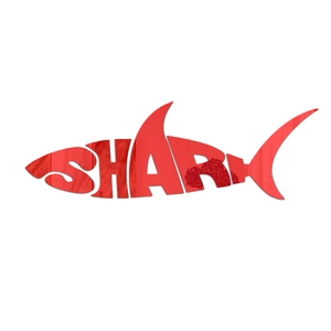 Detail of red acrylic shark mirror wall sticker featuring creative SHARK lettering design